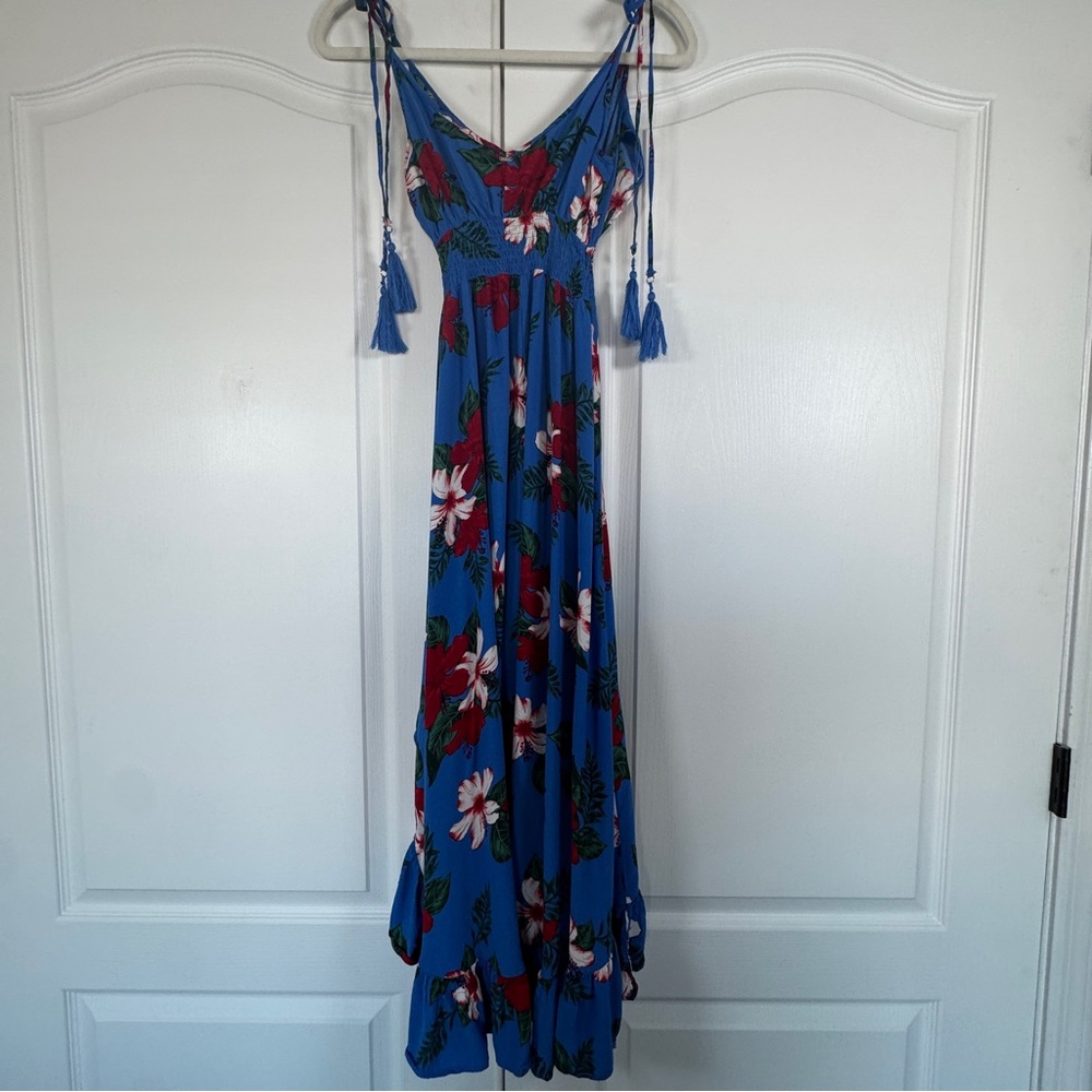 Guess Blue Tropical Floral High Low Ruffle Maxi Dress Extra Small - Picture 2 of 8